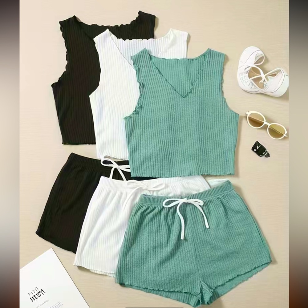 WHITE 2 Piece Set Green Ribbed Lounge Wear
